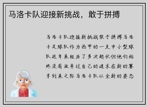 马洛卡队迎接新挑战，敢于拼搏