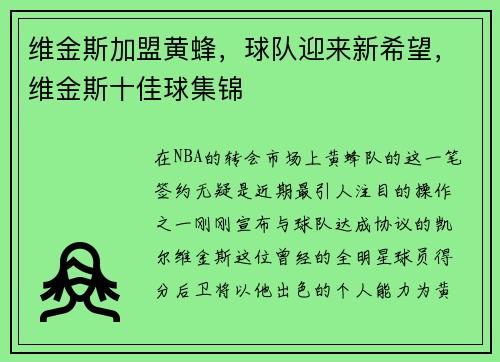 维金斯加盟黄蜂，球队迎来新希望，维金斯十佳球集锦