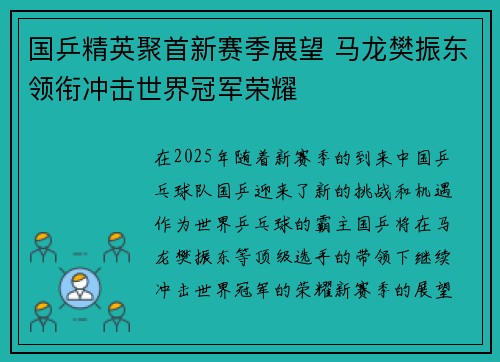 国乒精英聚首新赛季展望 马龙樊振东领衔冲击世界冠军荣耀 国乒精英聚首新赛季展望 马龙樊振东领衔冲击世界冠军荣耀